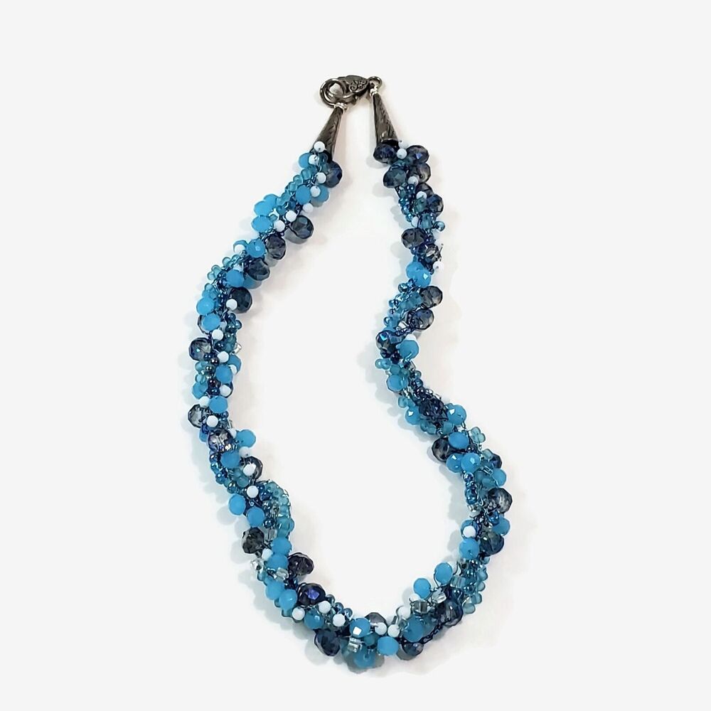 Chunky Blue Twisted Strand Glass Bead Necklace 23"l.